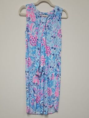 Lilly Pulitzer Sleeveless Sky Blue and Pink Tropical Tie-Neck Dress